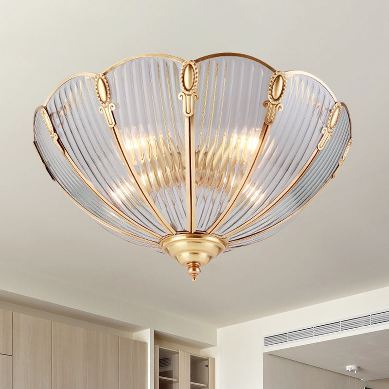 3-Light Prismatic Glass Flush Light Colonialist Brass Scalloped Living Room Close to Ceiling Lighting