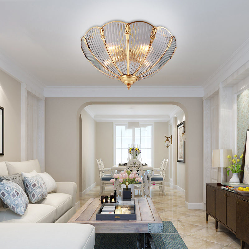 3-Light Prismatic Glass Flush Light Colonialist Brass Scalloped Living Room Close to Ceiling Lighting