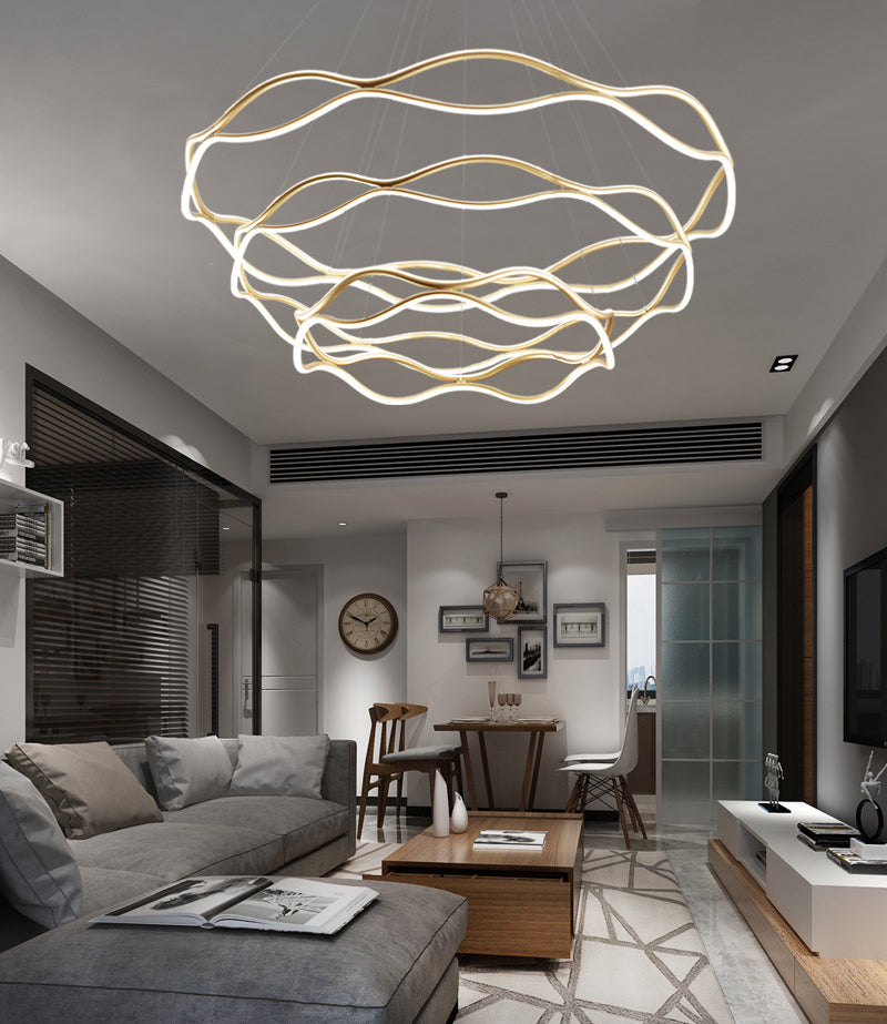 Postmodern Simplicity Wave Ceiling Chandelier Metal Hanging Light with Hanging Cord for Living Room