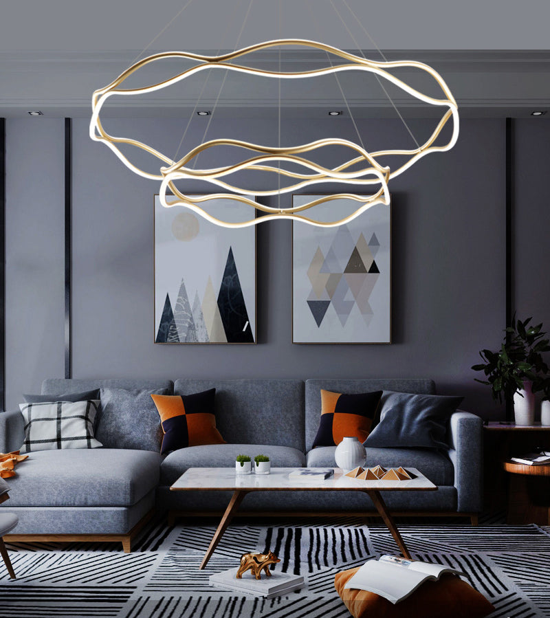 Postmodern Simplicity Wave Ceiling Chandelier Metal Hanging Light with Hanging Cord for Living Room