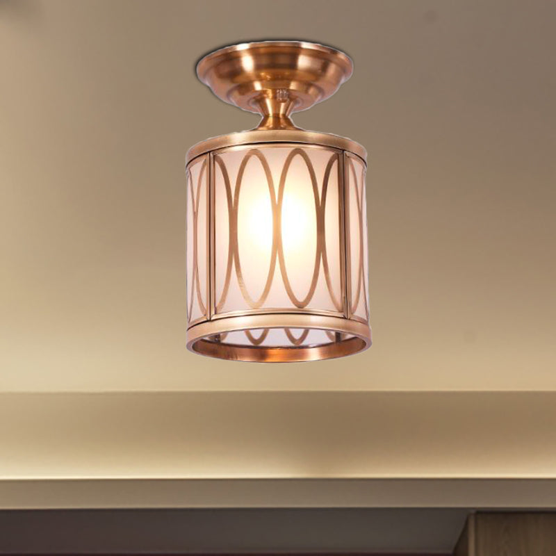 Frosted Glass Brass Ceiling Flush Circle/Oval 1 Head Colonialist Flush Mount Lamp for Living Room