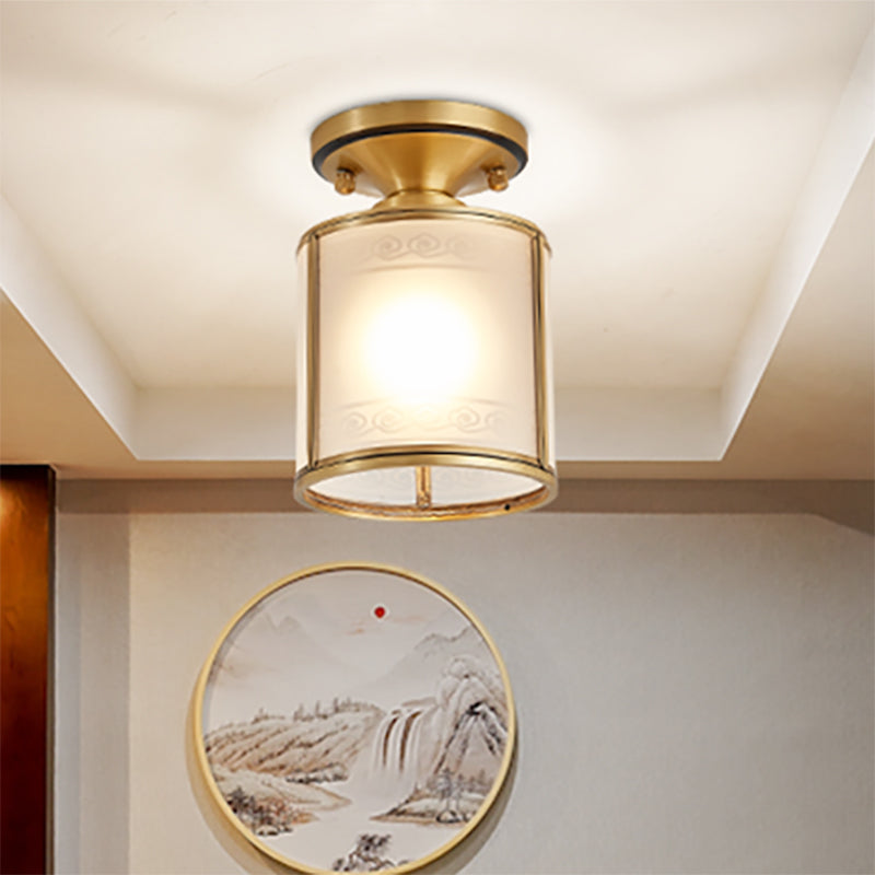 Colonial Cylinder Ceiling Light Fixture 1 Bulb White Glass Flush Mount Lighting in Brass