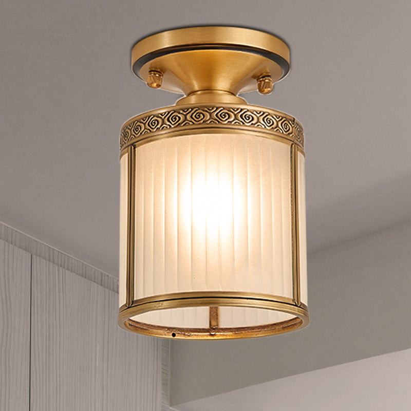 Colonial Cylinder Ceiling Light Fixture 1 Bulb White Glass Flush Mount Lighting in Brass