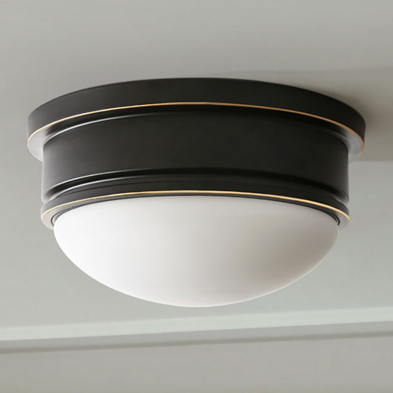 Milk Glass Hemisphere Flush Mount Lamp Rustic 3 Heads Ceiling Mounted Light with Black Metal Canopy