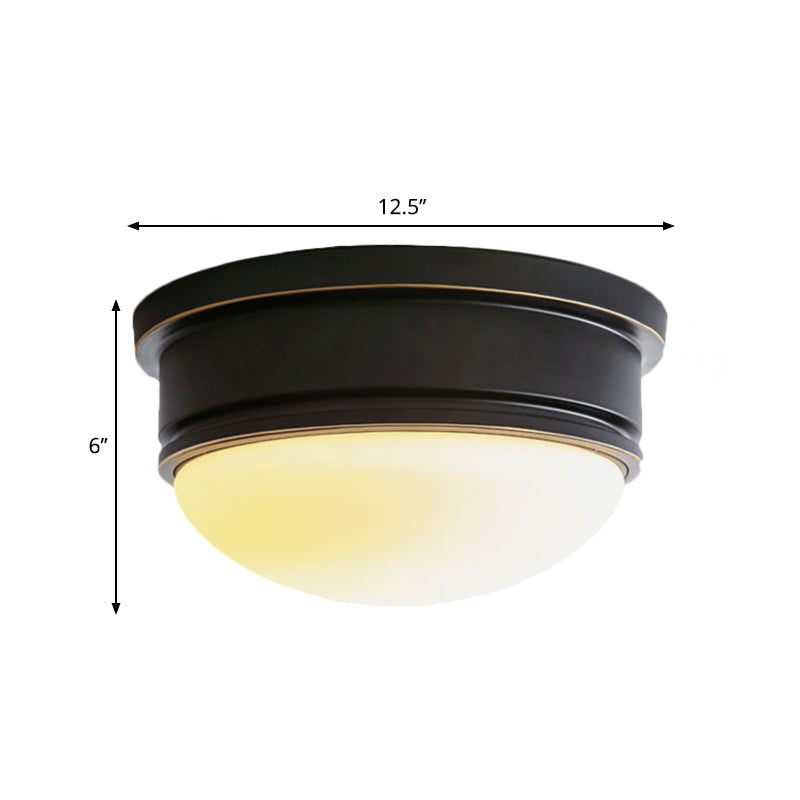 Milk Glass Hemisphere Flush Mount Lamp Rustic 3 Heads Ceiling Mounted Light with Black Metal Canopy