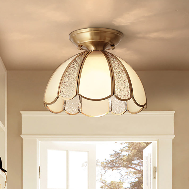 10 "/11" W Scallop Bedroom Flush Mount Light Colonial Blown Opal Glass 1 Bulb Brass Close to Ceiling Lamp