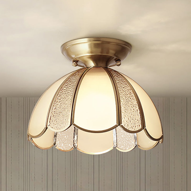 10 "/11" W Scallop Bedroom Flush Mount Light Colonial Blown Opal Glass 1 Bulb Brass Close to Ceiling Lamp