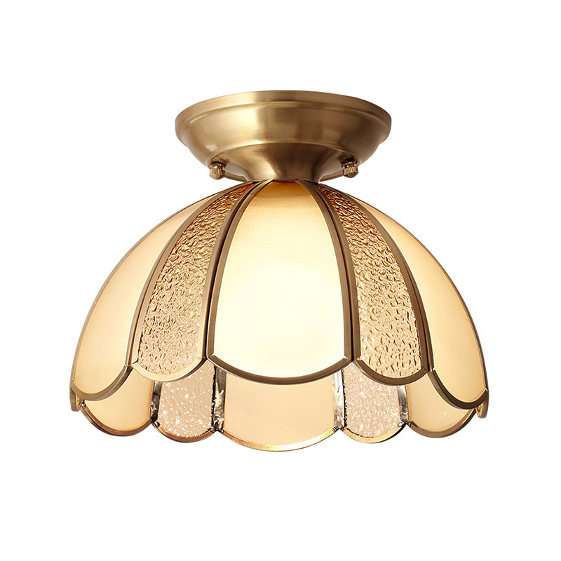 10 "/11" W Scallop Bedroom Flush Mount Light Colonial Blown Opal Glass 1 Bulb Brass Close to Ceiling Lamp