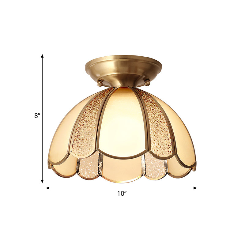 10 "/11" W Scallop Bedroom Flush Mount Light Colonial Blown Opal Glass 1 Bulb Brass Close to Ceiling Lamp