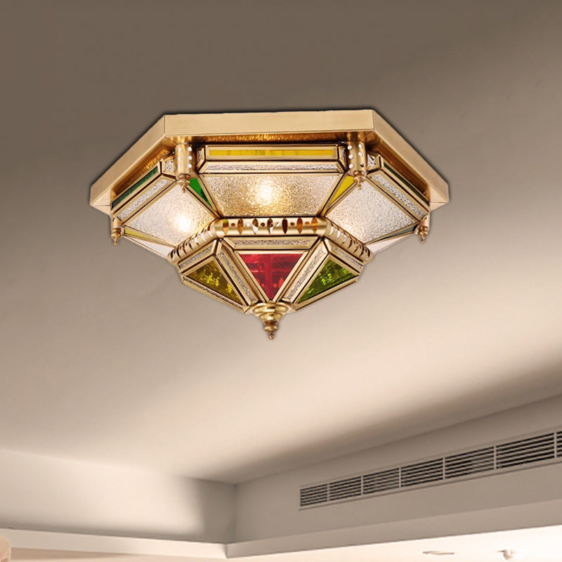 Seeded Glass Brass Ceiling Flush Prism 6 Heads Colonialist Flush Mount Lamp for Living Room