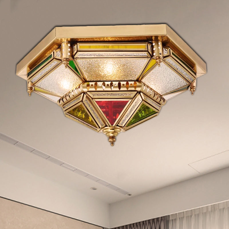 Seeded Glass Brass Ceiling Flush Prism 6 Heads Colonialist Flush Mount Lamp for Living Room