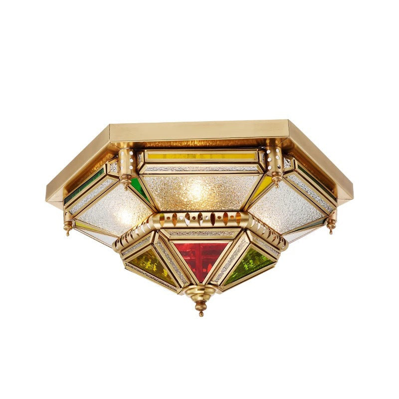 Seeded Glass Brass Ceiling Flush Prism 6 Heads Colonialist Flush Mount Lamp for Living Room