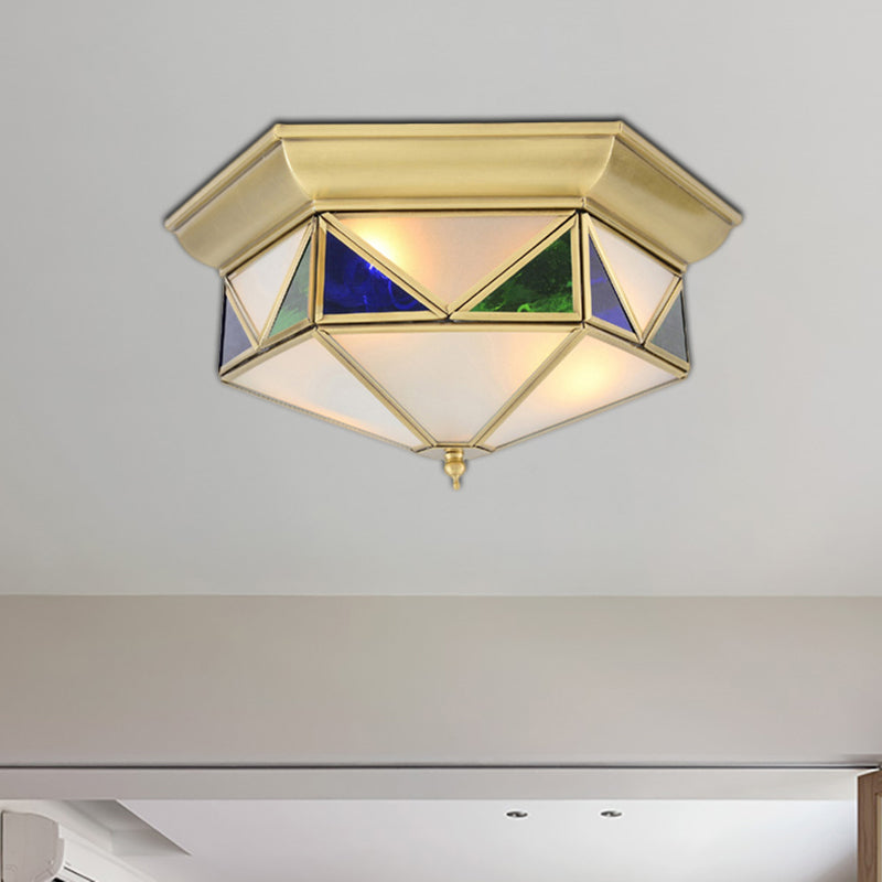 Colonialism Prism Ceiling Mount Light Fixture 3 Bulbs White/Seeded Glass Flush Mount Chandelier in Gold/Blue