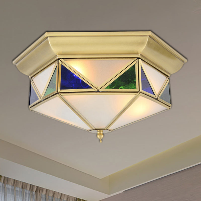 Colonialism Prism Ceiling Mount Light Fixture 3 Bulbs White/Seeded Glass Flush Mount Chandelier in Gold/Blue