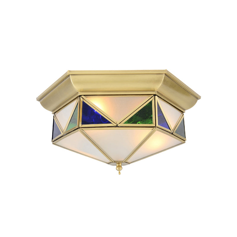 Colonialism Prism Ceiling Mount Light Fixture 3 Bulbs White/Seeded Glass Flush Mount Chandelier in Gold/Blue