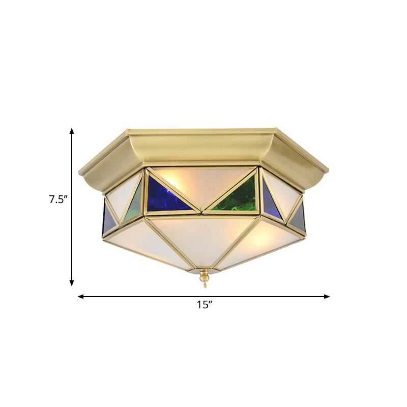 Lámpara de techo Colonialism Prism, 3 bombillas, lámpara de araña empotrada de vidrio blanco/sembrado en dorado/azul