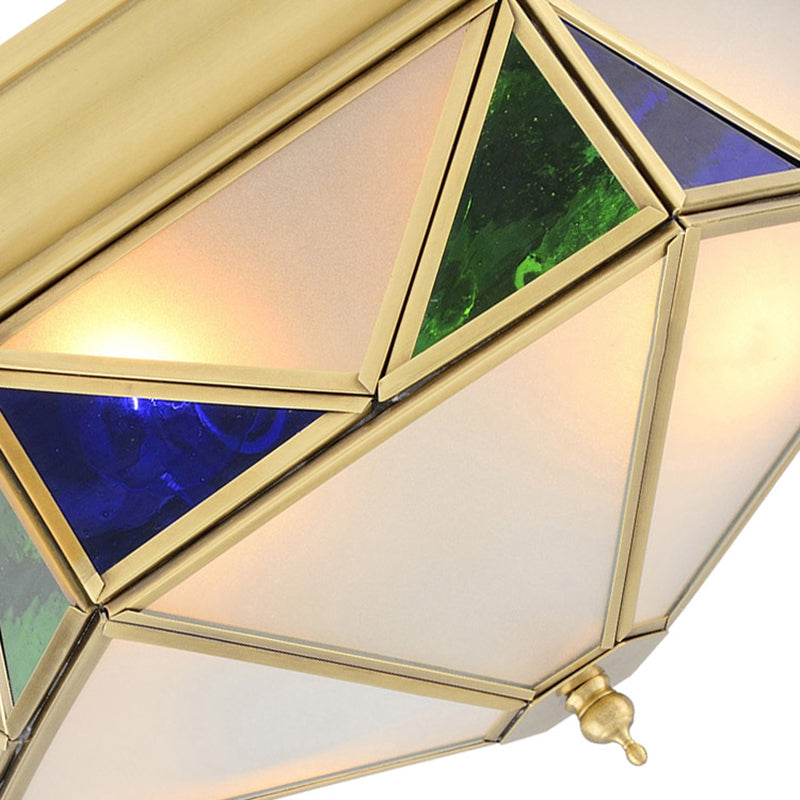 Kolonialisme Prism Plafond Mount Light Armatuur 3 Lampen Wit/Seeded Glas Flush Mount Kroonluchter in Goud/Blauw