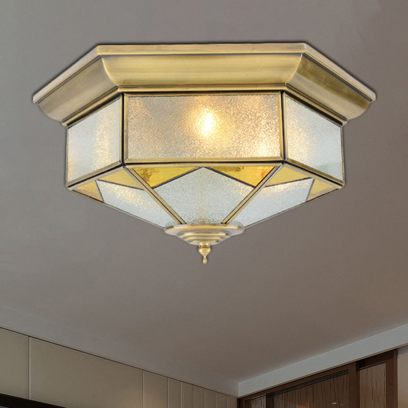 Colonialism Prism Ceiling Mount Light Fixture 3 Bulbs White/Seeded Glass Flush Mount Chandelier in Gold/Blue