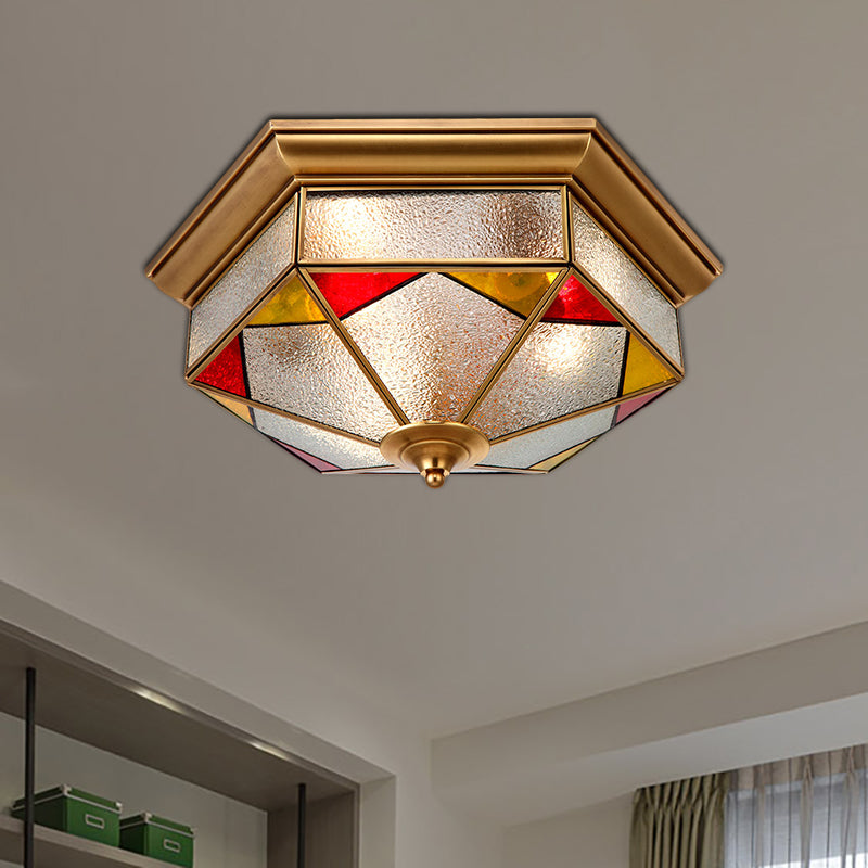 Bubble Glass Red Ceiling Flush Hexagonal 2/3 Heads Colonialist Flush Mount Lamp for Bedroom, 12.5"/19" W