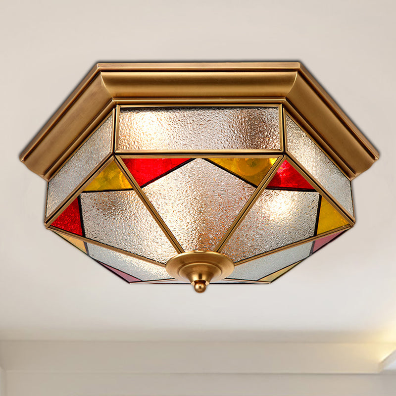 Bubble Glass Red Ceiling Flush Hexagonal 2/3 Heads Colonialist Flush Mount Lamp for Bedroom, 12.5"/19" W