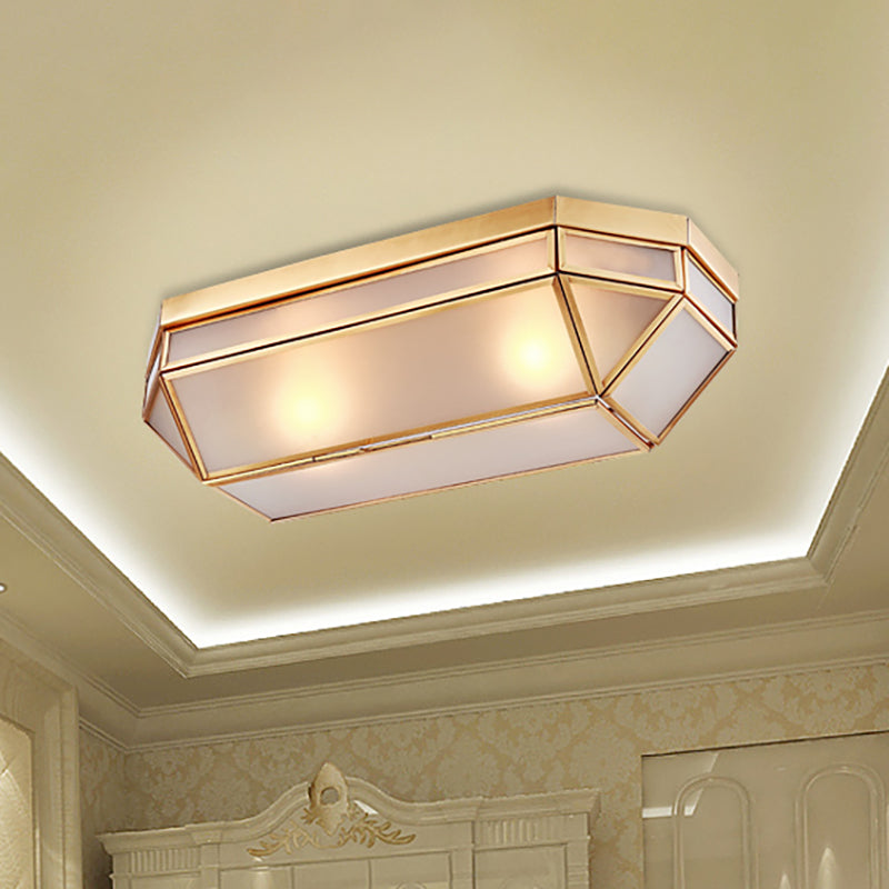 Lampada da soffitto rettangolare in vetro smerigliato smussato coloniale a 2 luci in ottone per montaggio a incasso per foyer