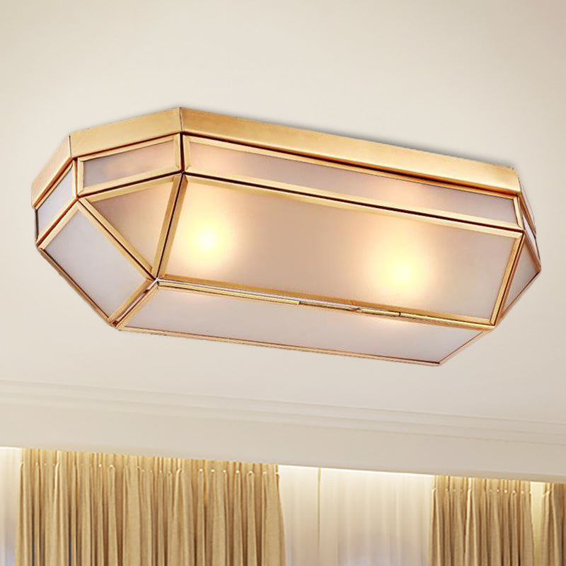 Brass 2 Lights Flush Mount Fixture Colonialism Bevel Frosted Glass Rectangle Ceiling Mounted Light for Foyer