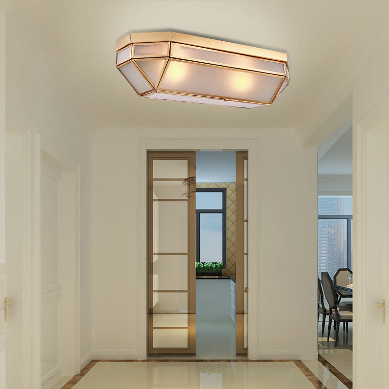 Brass 2 Lights Flush Mount Fixture Colonialism Bevel Frosted Glass Rectangle Ceiling Mounted Light for Foyer