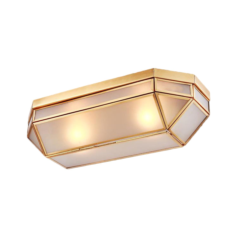 Lampada da soffitto rettangolare in vetro smerigliato smussato coloniale a 2 luci in ottone per montaggio a incasso per foyer