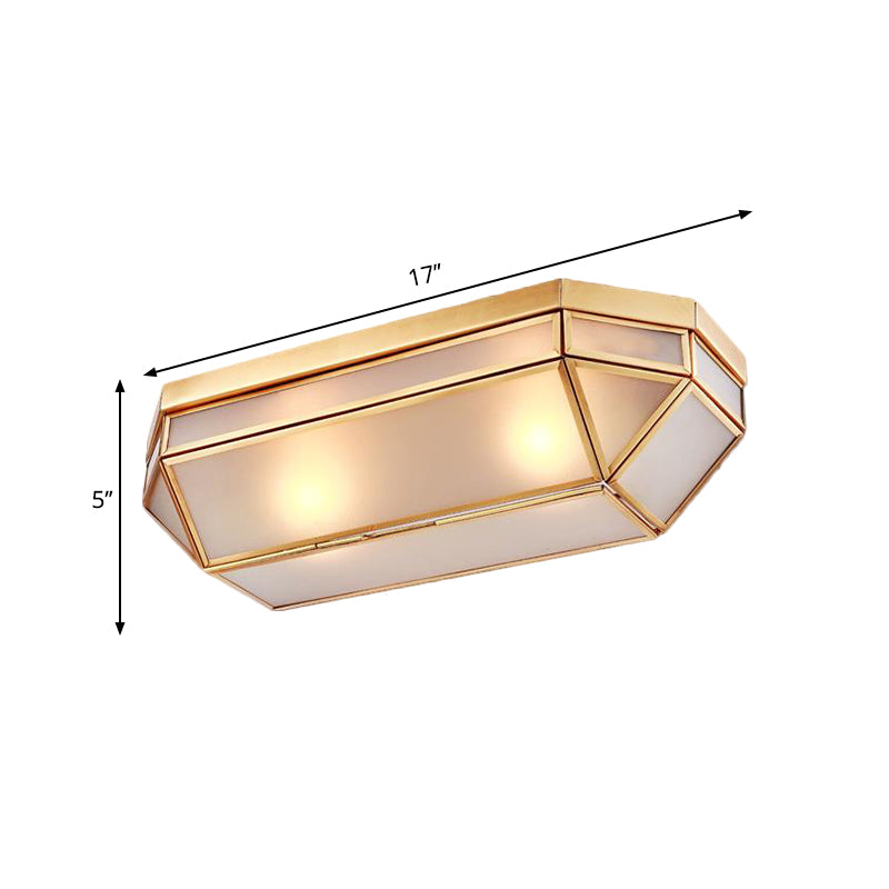 Lampada da soffitto rettangolare in vetro smerigliato smussato coloniale a 2 luci in ottone per montaggio a incasso per foyer