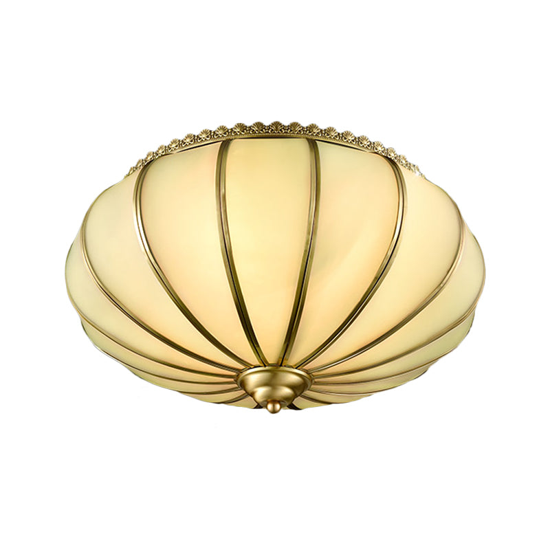 14 "/18" Wide Sphere Flush Mount Illuminazione Retro Bianco Vetro 3 Teste Plafoniera di Ottone per Camera da letto