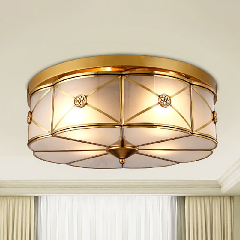 14"/18" W 3/4-Bulb Opal Glass Flush Light Colonialist Brass Scalloped Bedroom Close to Ceiling Lighting