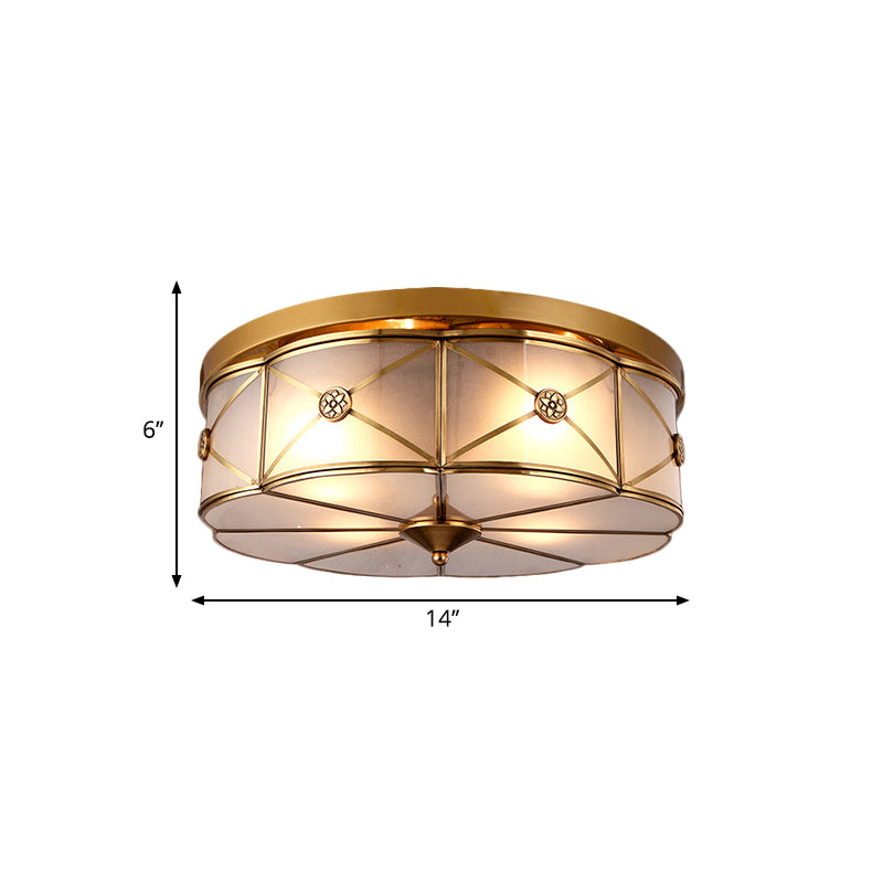 Plafonnier en verre opale de 14 po/18 po de largeur à 3/4 ampoules, luminaire colonial en laiton festonné pour chambre à coucher, éclairage proche du plafond