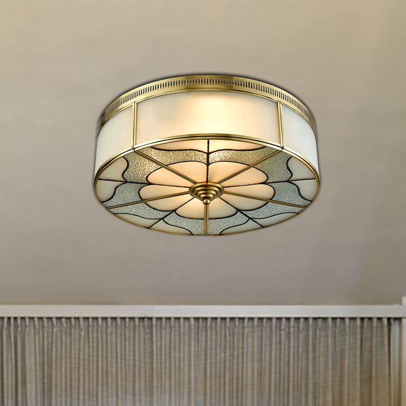 Drum Milky Glass Ceiling Mounted Fixture Colonial 3 Bulbs Bedroom Flush Mount Ceiling Lamp in Brass