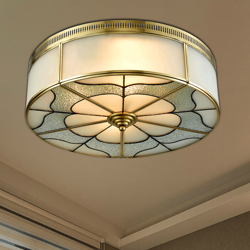 Drum Milky Glass Ceiling Mounted Fixture Colonial 3 Bulbs Bedroom Flush Mount Ceiling Lamp in Brass