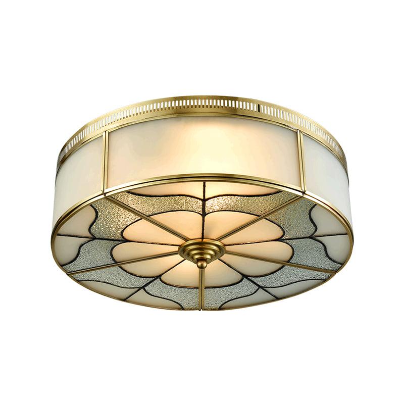 Drum Milky Glass Ceiling Mounted Fixture Colonial 3 Bulbs Bedroom Flush Mount Ceiling Lamp in Brass