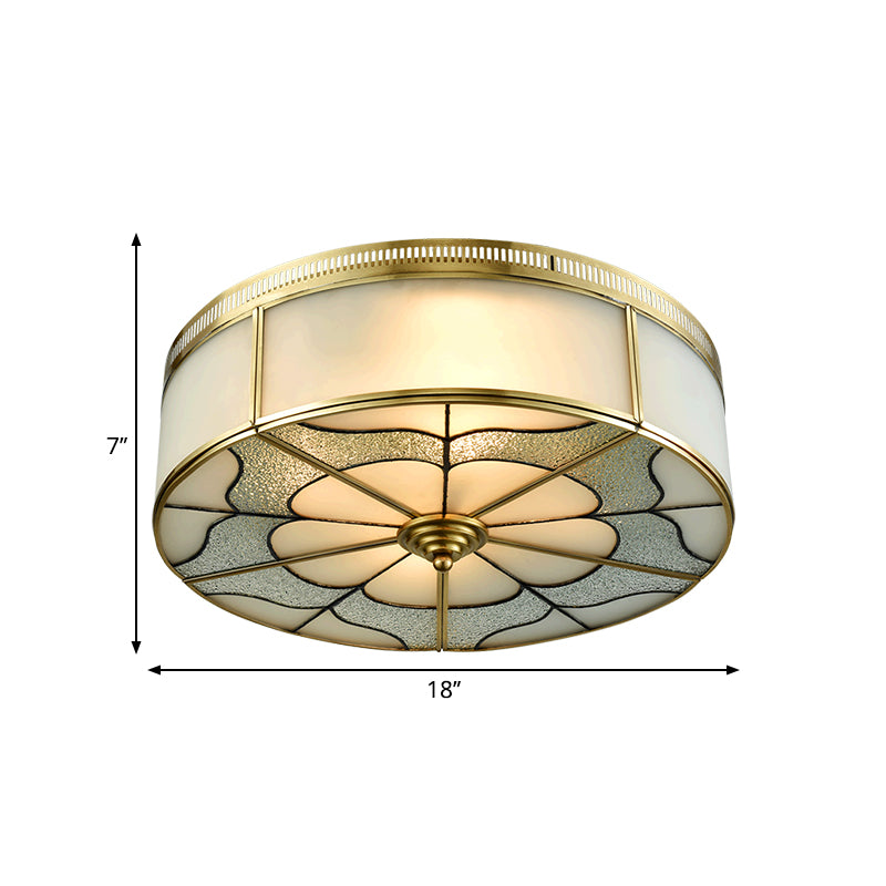 Drum Milky Glass Ceiling Mounted Fixture Colonial 3 Bulbs Bedroom Flush Mount Ceiling Lamp in Brass