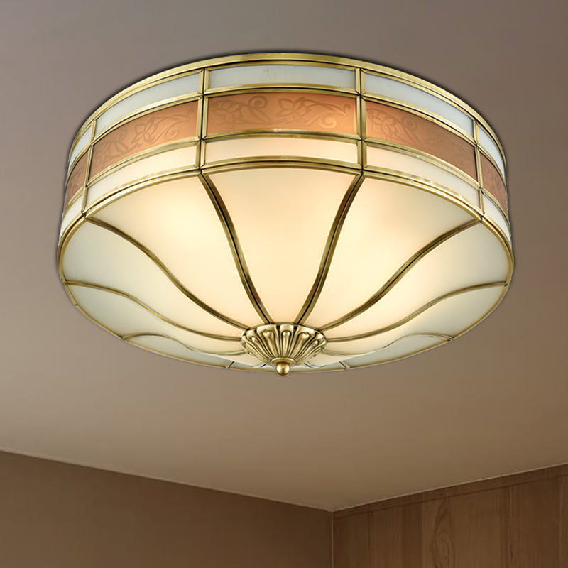 Colonialist Drum Ceiling Mounted Light 3 Bulbs Opaline Glass Flush Mount Light Fixture in Brass for Bedroom