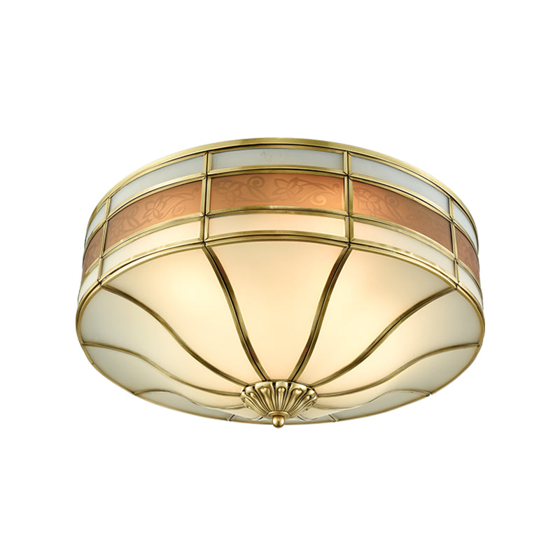 Colonialist Drum Ceiling Mounted Light 3 Bulbs Opaline Glass Flush Mount Light Fixture in Brass for Bedroom