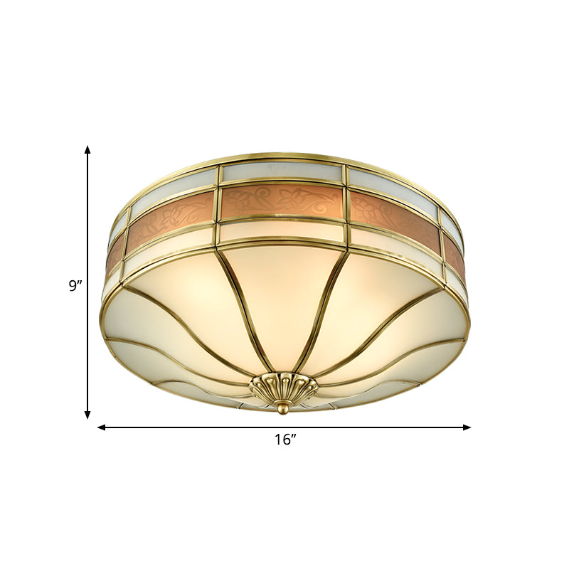 Colonialist Drum Ceiling Mounted Light 3 Bulbs Opaline Glass Flush Mount Light Fixture in Brass for Bedroom