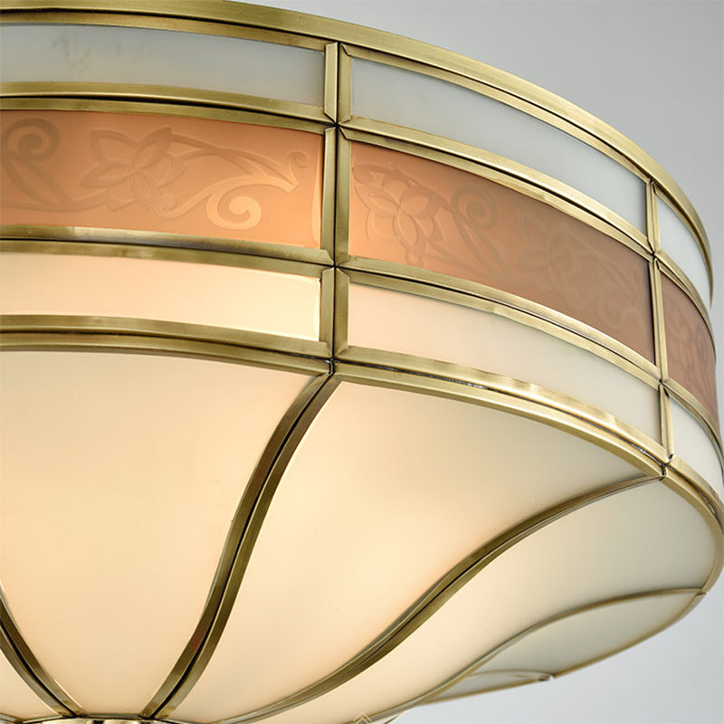 Colonialist Drum Ceiling Mounted Light 3 Bulbs Opaline Glass Flush Mount Light Fixture in Brass for Bedroom