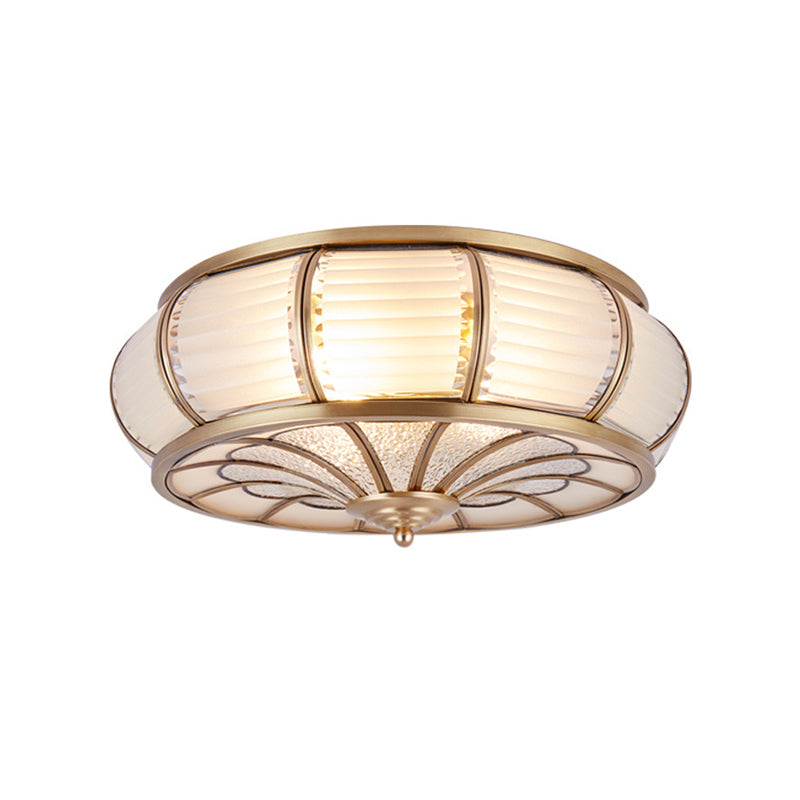 14"/16.5" W Cream Glass Drum Ceiling Lighting Colonial 3/4 Heads Bedroom Flush Mount Fixture in Brass