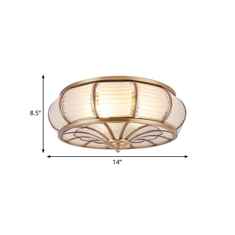 14"/16.5" W Cream Glass Drum Ceiling Lighting Colonial 3/4 Heads Bedroom Flush Mount Fixture in Brass