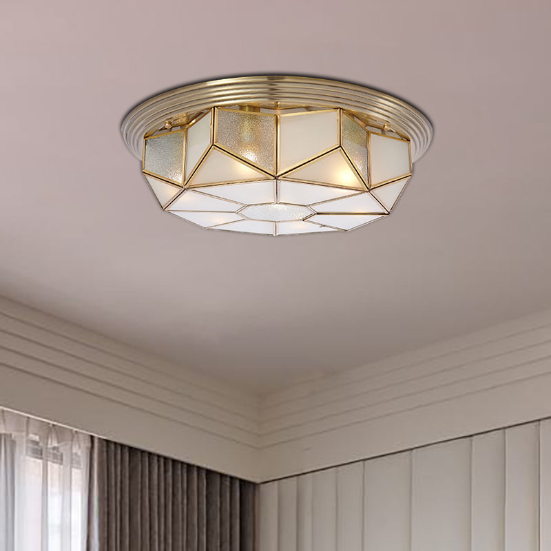 Brass 6 têtes Flush Mount Lamp Colonialism Sandblasted Glass Octagonal Ceiling Fixture for Living Room