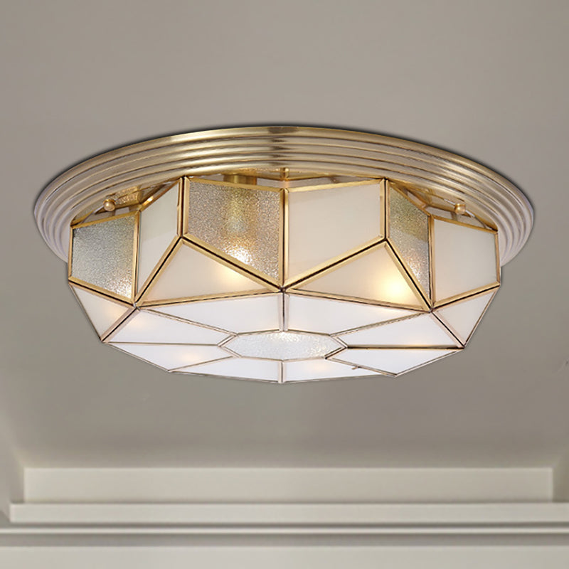 Brass 6 têtes Flush Mount Lamp Colonialism Sandblasted Glass Octagonal Ceiling Fixture for Living Room