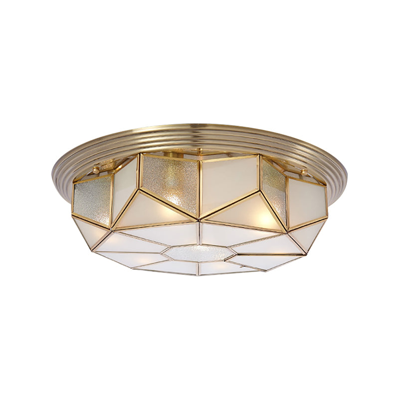 Brass 6 Heads Flush Mount Lamp Colonialism Sandblasted Glass Octagonal Ceiling Fixture for Living Room