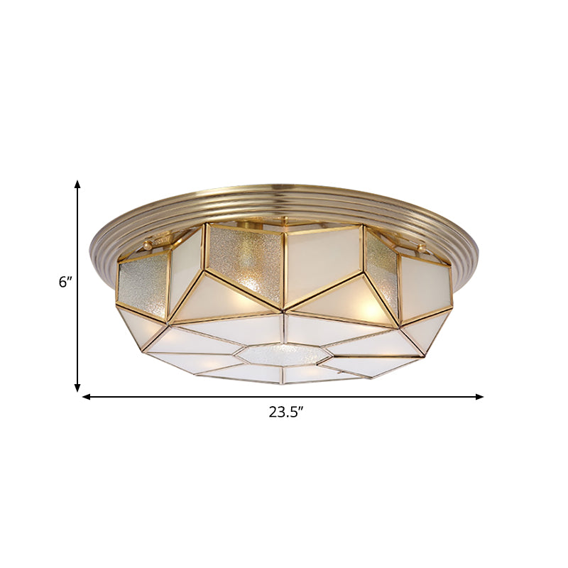 Brass 6 Heads Flush Mount Lamp Colonialism Sandblasted Glass Octagonal Ceiling Fixture for Living Room