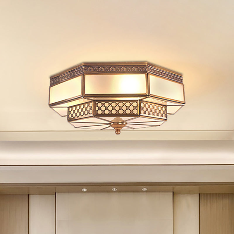 Octagon Bedroom Flush Mount Light Colonial Mouth Blown Opaline Glass 4 Bulbs Brass Close to Ceiling Lamp