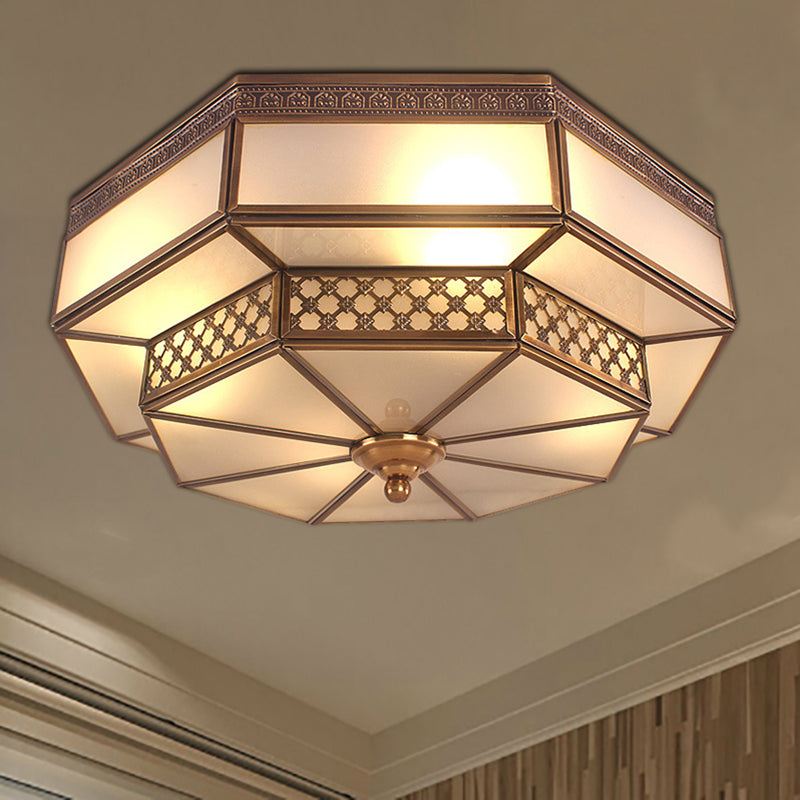 Octagon Bedroom Flush Mount Light Colonial Mouth Blown Opaline Glass 4 Bulbs Brass Close to Ceiling Lamp