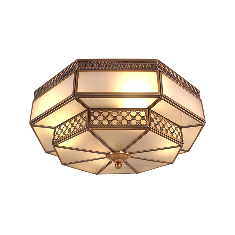 Octagon Bedroom Flush Mount Light Colonial Mouth Blown Opaline Glass 4 Bulbs Brass Close to Ceiling Lamp