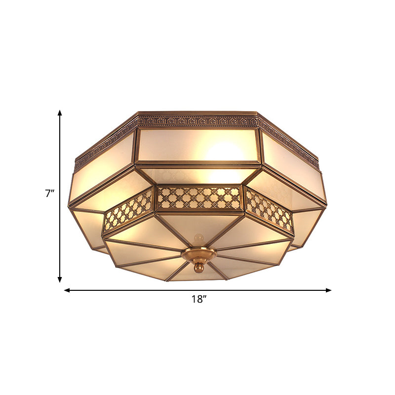 Octagon Bedroom Flush Mount Light Colonial Mouth Blown Opaline Glass 4 Bulbs Brass Close to Ceiling Lamp